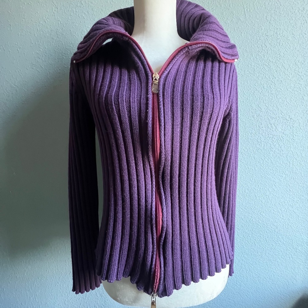 Purple Ribbed Zip Up Cardigan - Picture 2 of 11